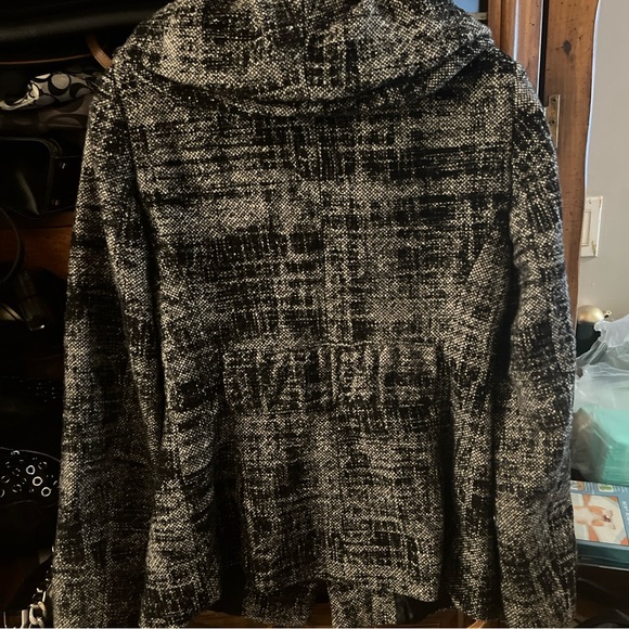 Zara Basic L White Black Jacket 17% Wool Lined Winter Big Pleated Collar F1 - Picture 6 of 11